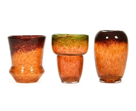 Three 20th century Czech glass vases, each with light brown mottled ground and inclusions to rims, highest 23.5 cm