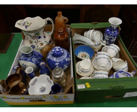 Two boxes of Coalport Geneva part tea set, oriental ginger jar, stoneware bottles, ceramic jugs etc