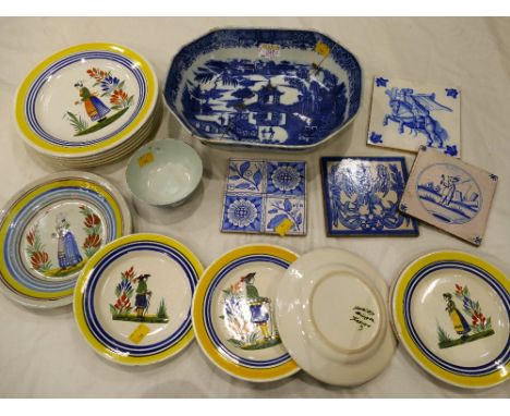Small Chinese blue and white bowl, blue and white Chinese dish with repairs, four vintage tiles and quantity of Quimper plate
