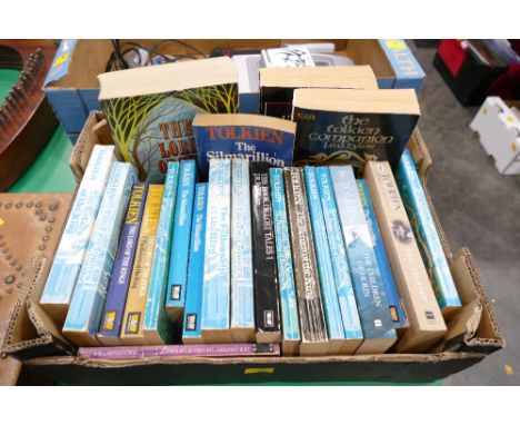 Box of vintage Tolkien paperback books including Lord of the Rings and The Silmarillion 