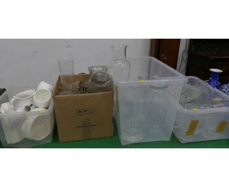 Four boxes of large glass vases, white ceramic vases, jugs and bowls