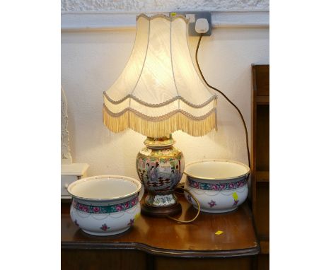 Bulbous oriental ceramic lamp, 65 cm high, and pair of Losol ware chamber pots  
