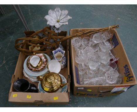 Two boxes of fairy ornament, glassware, carpet beater, clocks, teapot, plates etc