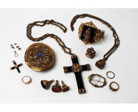 Collection of vintage costume jewellery, Millifiorii inset bracelet, fobs, belt buckle, crucifix on chain etc  