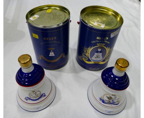 Two Bells Old Scotch Whisky porcelain decanters commemorating The Birth of Princess Eugene and Princess Beatrice, both boxed