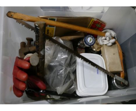 Box of tools - wire wool, sledge hammer, rawl plugs, saw etc