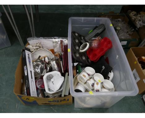 Two boxes of kitchenware - baking trays, ramekins, meat thermometer, place mats etc