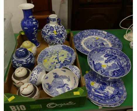 Small quantity of blue and white plates and bowl, including Copeland Spode Italian plate featuring the Indian hunter Menotomy