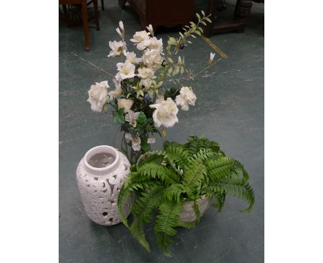 Glass floor standing vase and two ceramic vases, tallest 35 cm high