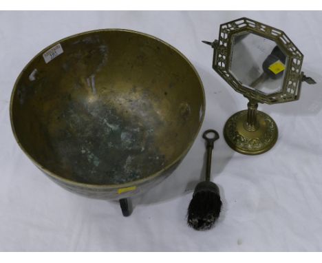 Chinese bronze bowl on stand and brass framed mirror, bowl diameter 30 cm