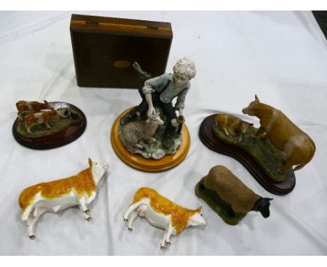 Border Fine Arts figures, large figurine of boy and sheep, two unmarked ceramic cows and empty cutlery box