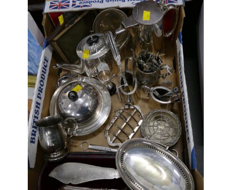 Box of 19th century silver plated tea service, christening mug, tongs, skewers, cased fish servers and West Riding Regiment c