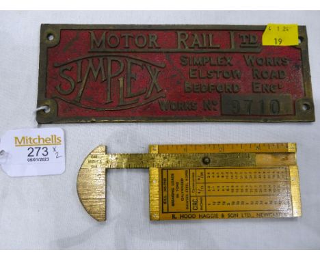 Vintage brass sign Motor Rail Limited Simplex Bedford Works No. 9710 and sliding measuring scale by R. Hood Haggie & Son of N