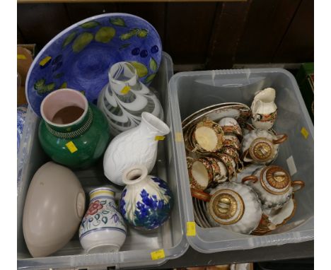Two boxes of part tea sets, vases, large ceramic plate etc