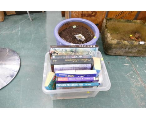 Modern blue glazed planter and box of books