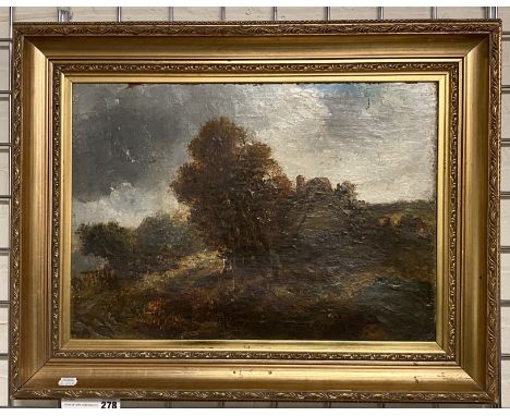 CIRCLE OF JOHN CONSTABLE (1776-1837) OIL ON CANVAS ''COTTAGE IN A LANDSCAPE'' INSCRIBED ON REVERSE 36CM X 53CM
