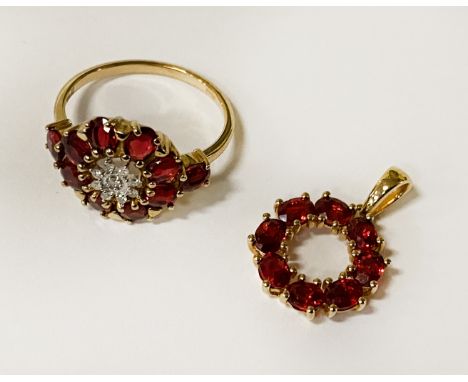 SONGEA RUBY &amp; DIAMOND 9 CT. GOLD RING - SIZE N/O &amp; SONGEA RUBY AND 9CT GOLD PENDANT