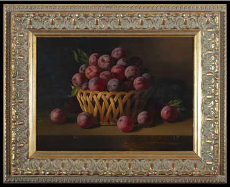 A still life depicting a basket full of ripe plums, painted in oil on canvas. The dark background enhances the rich colors of