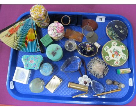 Cloisonne Enamel and Other Trinket Pots, c.XIX Century small beadwork covered cushion, compacts, Cosmic-R lighter, thimbles, 