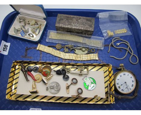A Small Collection of Gent's Cufflinks, shirt buttons, a gilt coloured pocketwatch, in engine turned case, stamped "Guarantee