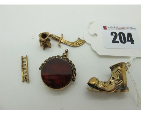 A Novelty 9ct Gold Boot Charm Pendant; A Miniature Toby Jug Charm Pendant, stamped "375"; A 9ct Gold Mounted Hardstone Inset 
