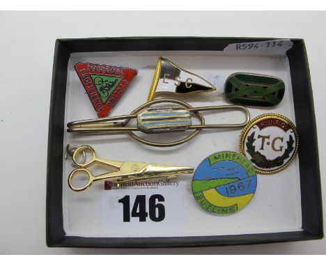 Butlins Minehead 1967 Souvenir Enamel Pin/Badge, three similar, a small enamel Celtic design pin/badge, a novelty scissors br