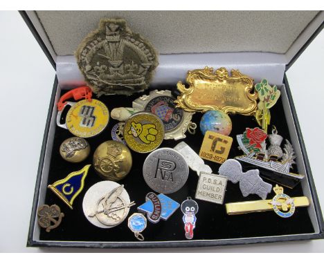 Enamel ande Other Badges, including the Queen Elizabeth ship, "2nd Week Butlin's", military buttons, tie slide, etc.