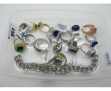 A Small Selection of Modern "925" Ladies Ornate Dress Rings, (14), (sizes noted O, R), a pendant on chain, and a chain link b