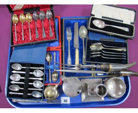 Cased Sets of Plated Teaspoons, plated plain drum mustard with blue glass liner, candlestick, horn handled meat fork and stee