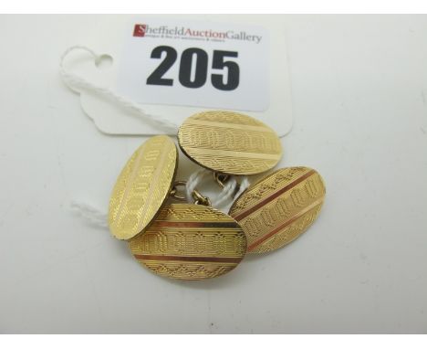 A Pair of Engine Turned Gent's Cufflinks, the oval panels on chain connection, stamped "12ct Front &amp; Back".