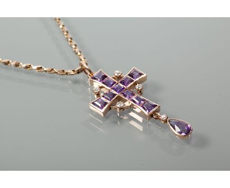 AMETHYST AND DIAMOND SET CROSS PENDANT ON CHAIN
the Celtic style cross set with amethysts and four briliant cut diamonds, wit