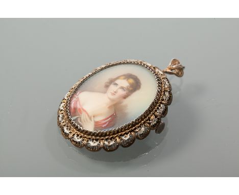 CONTINENTAL SILVER GILT MOUNTED PORTRAIT BROOCH/PENDANT 
of oval form, the portrait depicting a female, with a pierced border