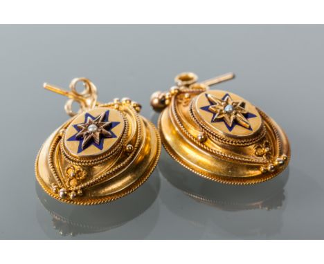 VICTORIAN ENAMEL AND PEARL DROP EARRINGS
each of oval form, with a central star set pearl, the star with enamel border, unmar