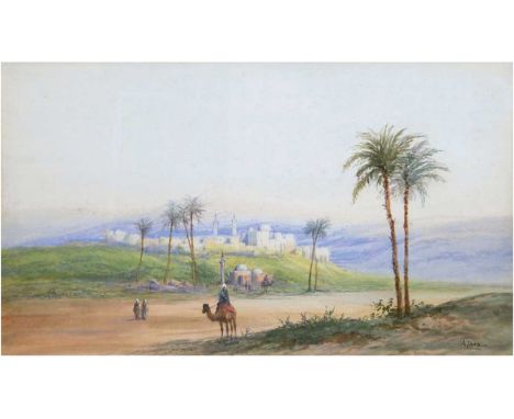 Jara, A. (Orientmaler des 20. Jh.) "Orientalische Landschaft mit Stadt und Kamelreitern" Aquarell, sign. u. r., 31x51 cm, hin