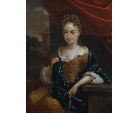 Arnold Houbraken (Dutch 1660-1719)Portrait of a lady, three-quarter length, wearing a gold dress and blue wrap, seated by a p