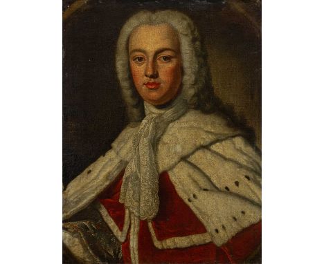 English School 18th CenturyPortrait of a nobleman, half-length, wearing Coronation robes and a powdered wigOil on canvas68 x 