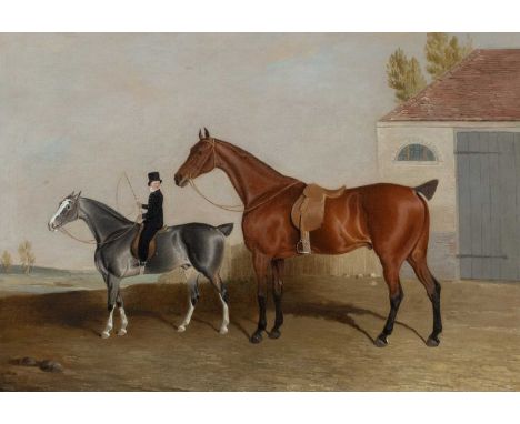 Edwin Cooper (1785-1833)A grey cob with liveried groom, leading a bay hunter before a rubbing down houseSigned and dated En C