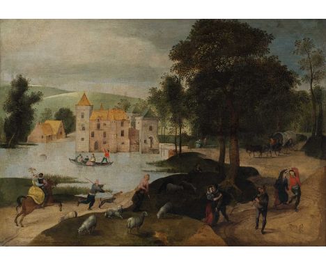 Abel Grimmer (Flemish c. 1570-1618/19)Landscape with peasants near a lakeside castleOil on canvas31.2 x 43.9cm; 12¼ x 17¼inPr