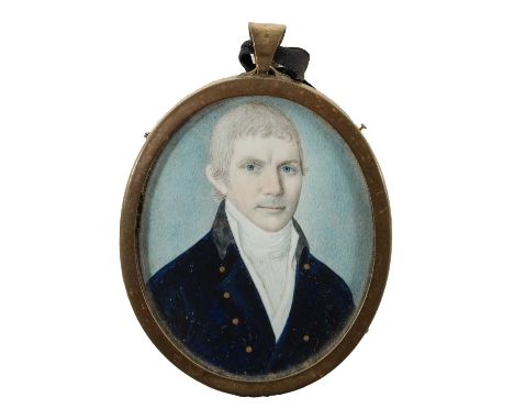λ Circle of SpoilumPortrait miniature of a gentleman, wearing a blue coat and white waistcoatOval, in a gilt metal frame63 x 