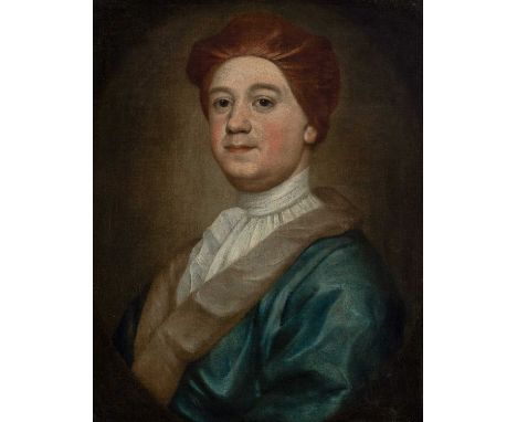 English School 18th CenturyPortrait of a gentleman wearing a blue coat and red turban, in a painted ovalOil on canvas61 x 48.