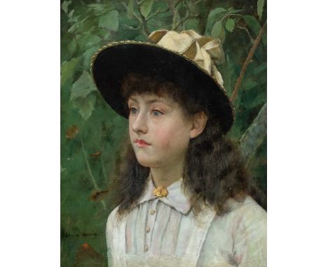 Edwin Harris (1855-1906)Portrait of a young lady wearing a white dress and bonnetSigned Edwin Harris (lower left) and inscrib