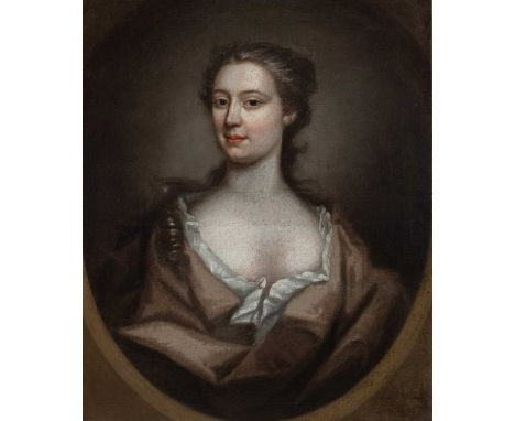 English School Early 18th CenturyPortrait of a lady, half-length, wearing a brown dress, in a painted ovalOil on canvas76.5 x