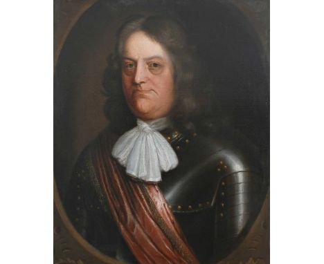 English School Mid 17th CenturyPortrait of a gentleman, half-length, wearing armour in a painted ovalOil on canvas76.3 x 63.6