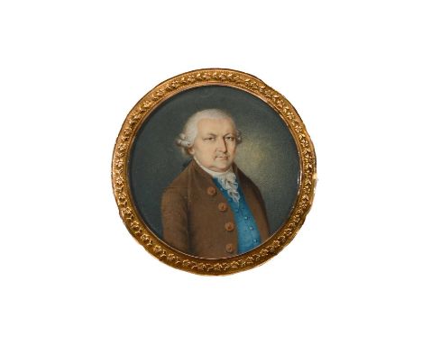 λ Circle of Peter MayrPortrait miniature of a gentleman wearing a brown coat, blue waistcoat and powdered wigRoundel, in a gi