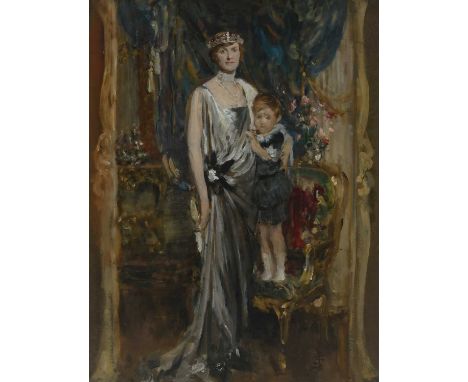 Solomon Joseph Solomon RA, RBA (1860-1927) Portrait of a noblewoman and her son standing in an interiorSigned with monogram (