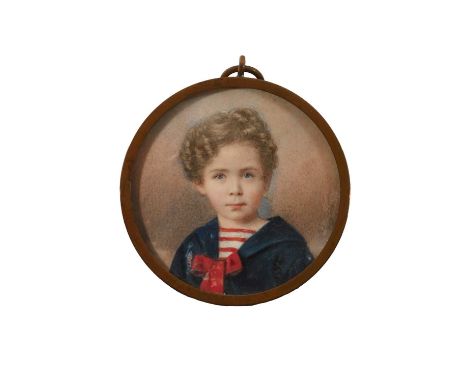λ Albert Theer (Austrian 1815-1902) Portrait miniature of a boy wearing a blue jacket, a red and white striped shirt and a re