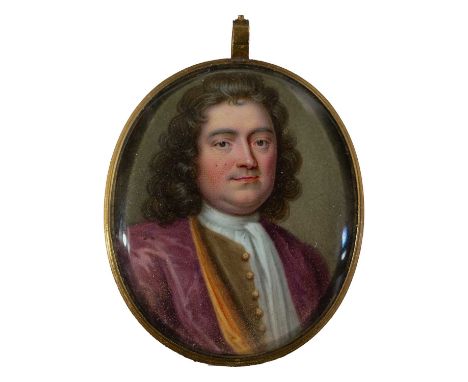 Attributed to Christian Friedrich Zincke (German 1683-1767)Portrait miniature of a gentleman wearing a maroon coat and brown 