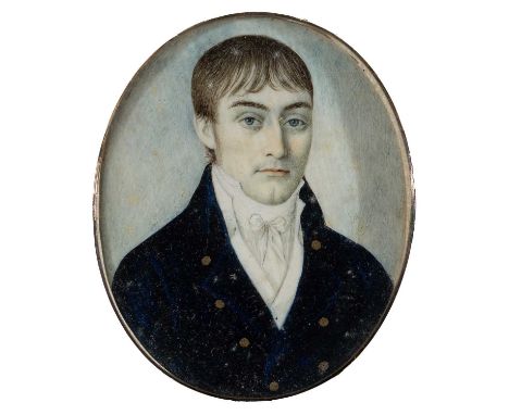 λ Circle of SpoilumPortrait miniature of Mr Cole, wearing a blue coat and white waistcoatOval, in a red leather case59 x 48mm