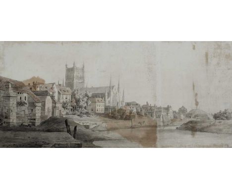 William Marlow (1740-1813)The Severn at WorcesterSigned W.Marlow (lower right)Pen and ink, and watercolour37 x 77.7cm; 14½ x 