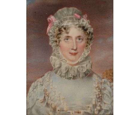 λ English School 19th Century Portrait miniature of a lady wearing a white dress and white bonnet with pink bows Rectangular 